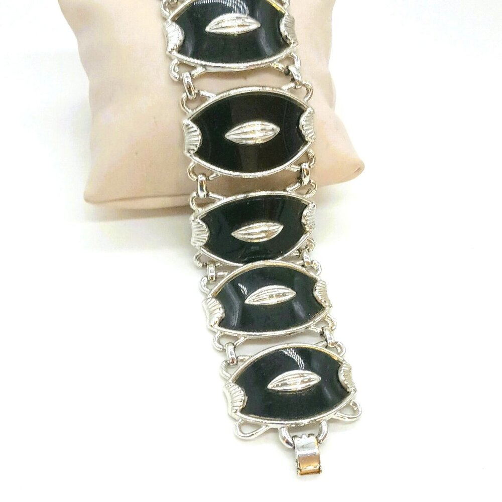 Wide Panel Black Link Bracelet 6.5" Silver Ribbed Enamel Statement Jewelry